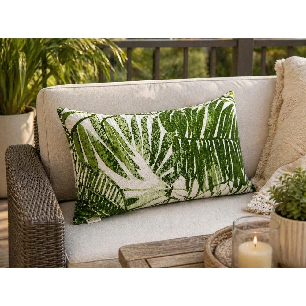 Pottery Barn Sunbrella Lumbar Pillow Green Tropical Leaf Outdoor Cushion 12x24 P